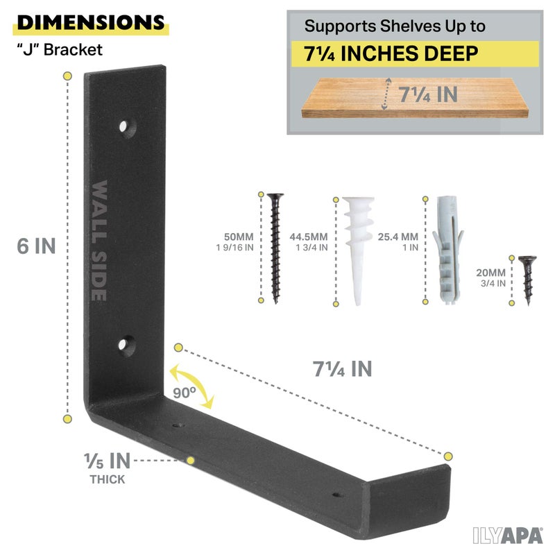 Ilyapa Heavy Duty Floating Shelf Brackets, 4 Pack, Rustic Iron - 6 x 7.25 Inch Black Metal Shelf Holders for Wall Mount Shelves - Image 2